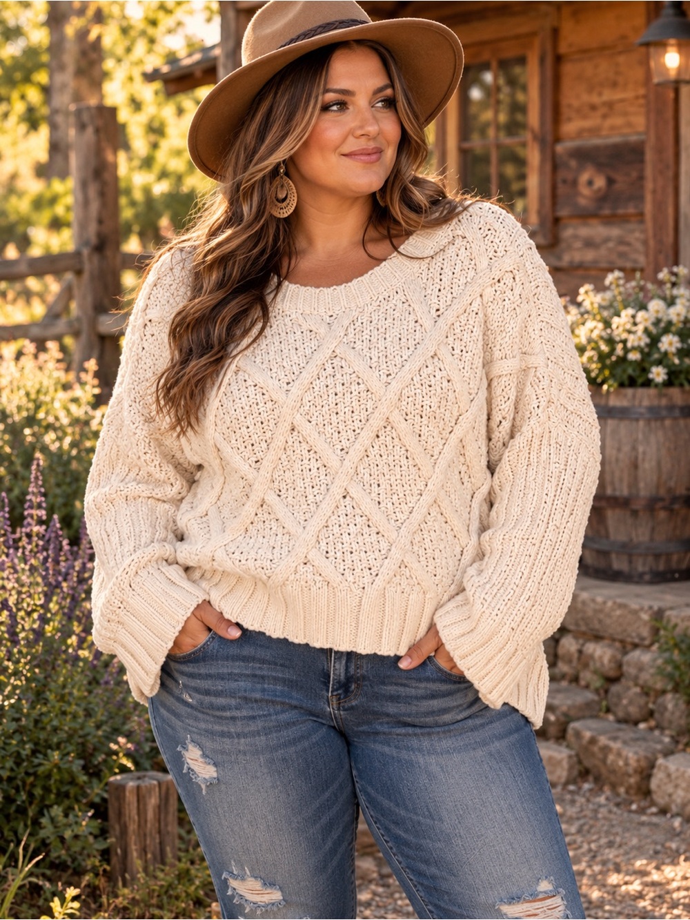Arizona Jean Company Cream Chunky Cable-Knit Scoop Neck Sweater Sz XXL